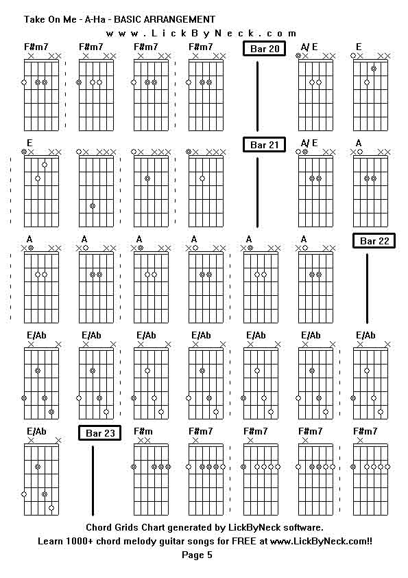 Chord Grids Chart of chord melody fingerstyle guitar song-Take On Me - A-Ha - BASIC ARRANGEMENT,generated by LickByNeck software.